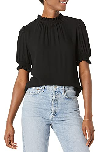 Amazon Essentials Blusa Chemisier Corta con Maniche A Sbuffo in Twill Fluido Donna, Nero, XXL