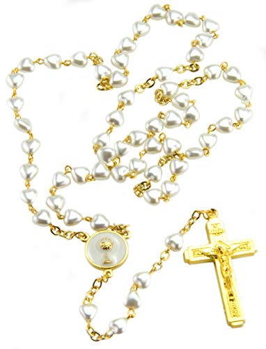 Fatima Store Chapelet ma première communion avec cœurs de nacre, médaille avec calice et croix dorée. Comprend un sachet rose avec croix imprimées. Cadeaux pour première communion fille., Nacre