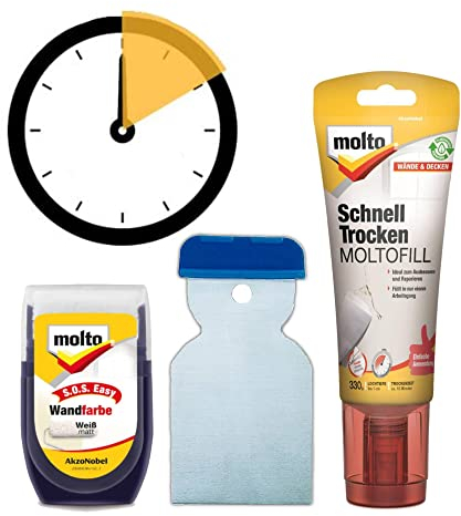 Molto BLITZ REPARATUR Set Ausbessern + Streichen von Löcher Risse Schäden in Wand/Decke inkl. Farbe weiß für Innen und FarbenFux Zimmermannsbleistift