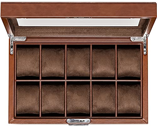 ROTHWELL Uhrenbox aus Leder mit 10 Fächern – Luxus-Uhrenetui, Veranstalter Uhrenaufbewahrung, Ultraweiches Mikro Wildlederimitat Futter, Abschließbarer Schmuck-Uhrenhalter mit Großer Glasplatte