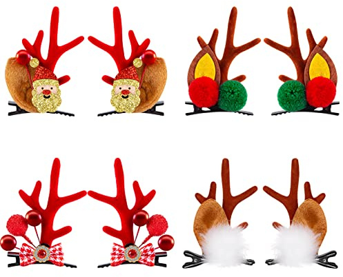 MELLIEX 4 Paare Weihnachten Hirschgeweih Haarspangen, Rentier Geweih Haarnadeln Weihnachtsfeier Plüsch Elch Haarclips für Mädchen Frauen