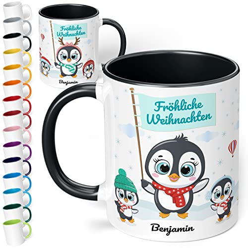 True Statements Weihnachtstasse mit Namen personalisiert „Fröhliche Weihnachten“ - mit Pinguin-Motiv - 330ml Keramik Kaffeebecher mit Spruch - Geschenk zu Weihnachten (Schwarz)