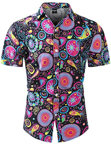 COSAVOROCK Herr 70-tal Hippie Skjorta Hippy Ful Casual Hawaiian Skjortor Paisley Lila SS L