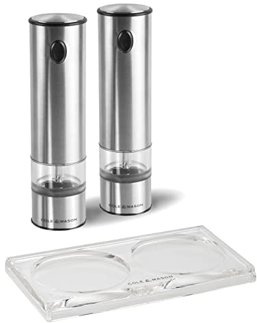 Cole & Mason 3-tlg. elektrisches Salz- oder Pfeffermühlen Set 21 cm aus Edelstahl - motorisiertes Duo mit Acryl-Tablett für komfortables Mahlen