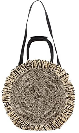 Strohtasche Strohsack Stroh Strandtasche Lässige Damen-Umhängetaschen, Runde Form, Umhängetasche, Gewebt, Quaste, Sommer, Strandtasche, Große Kapazität, Tote Lady Korbtasche Geflochten ( Blue : Svart