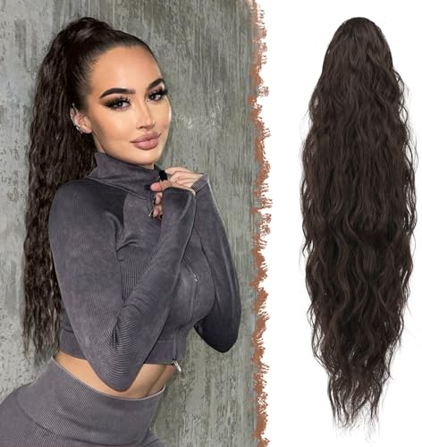 FESHFEN Ponytail Cheveux Naturel Cordon Ponytails Extension Longue Marron Noir Bouclée Ondulée Postiche Queue de Cheval Extension Synthétique Rajout Cheveux pour Femmes 65 cm