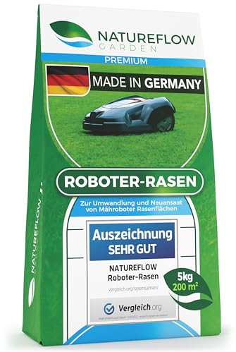 Mähroboter Rasensamen schnellkeimend 5kg TEST SEHR GUT - Roboter Grassamen Made in Germany - Für pflegeleichten Garten mit Natureflow Rasensaat