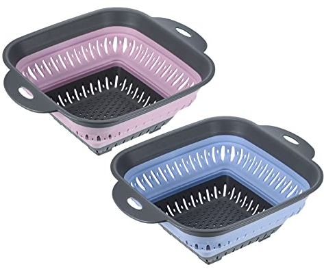 QUARKZMAN Quadrato Pieghevole Colabrodo 2pz Pieghevole Silicone Colabrodo Frutta Lavaggio Cesto Colino con Manico Cucina Scolapasta Cestello-Rosa+Blu