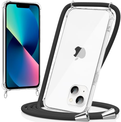 caslord Handyband kompatibel mit iPhone 13 | Transparent Hülle mit Handykordel | Handyhülle für zum Umhängen | für Sport Reisen Partys Einkäufe Babypflege | Schwarz