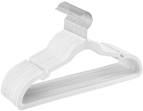 SONGMICS Perchas de Terciopelo, Juego de 20 Piezas, Antideslizantes, Ranuras para Hombros, Barra para Pantalones, Gancho Giratorio 360°, 0,6 cm de Grosor, 43 cm Largo, Blanco Simple CRF029W02