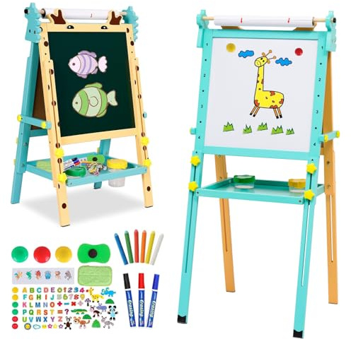 Kinder-Kunst-Staffelei mit Papierrollen-Ablageschale, doppelseitig, höhenverstellbar, 81–110 cm, Whiteboard, Kreidetafel, Stehstaffelei mit Zahlen und anderem Zubehör, Kunst-Set für Kleinkinder,