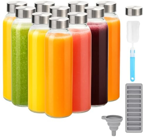 Zukro Bottiglie d'acqua in vetro con coperchio, 510 ml, confezione da 10 bottiglie riutilizzabili per succhi di frutta, con tappo ermetico in acciaio inox, per sprechi, trasparente, a prova di perdite