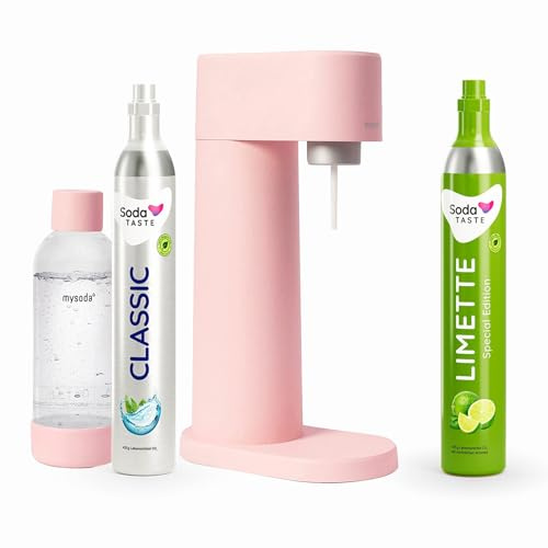 SodaTASTE Sparpaket: Mysoda Woody - Wassersprudler aus erneuerbarem Holzkomposit mit 1L BPA-freier Plastikflasche, CO2-Zylinder Classic + CO2-Zylinder Limette (Rosa)