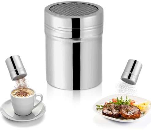 Tissting Agitador de Azúcar, 11oz 6,8 x 9 cm Espolvoreador Cacao con Malla Tapa, Acero Inoxidable Latas de Polvo Coctelera de Cacao para Cappuccino Latas Tamiz para Sal y Pimienta