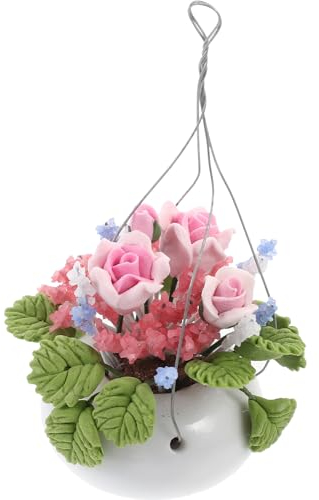 DOITOOL Hängender Blumenkorb 1 Stück 1:12 Mini- Puppenhaus-Möbel Für Heimdekoration Rosa Rosen-Topf-Hängepflanze Künstliche Pflanzen Verzierungsmodell Mini-Arrangement
