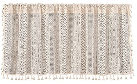 Lidzopas Cortinas cortas de cocina, cortinas opacas huecas de lino, estilo bohemio, media cortina para lavandería, baño, gabinete de vino, 150 x 45 cm