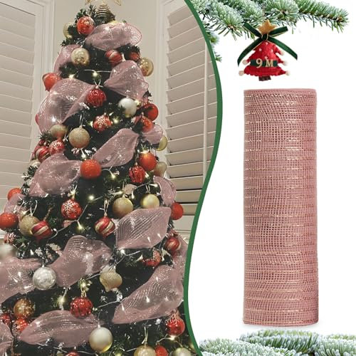 26 cm×9 m Guirnaldas de Navidad Brillante Cinta de Navidad Ancha Oro Rosa,Cinta de Regalo Cinta Decorativa de Navidad Poli Malla Cinta para Lazos Decoración del Árbol de Navidad Corona de Navidad