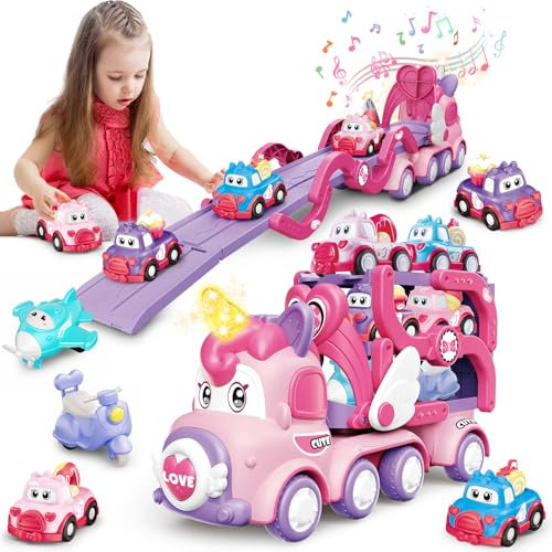 TERRAMUS 7 IN 1 Transport Truck Toys Cars for Girls, Foldable Carrier Truck for Toddlers with Sound & Light, Toy Transporter, Vehicles Toys Set for Kids, Gifts for Girls Ages 3 4 5 6