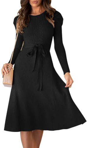 IBAKOM Femmes Automne Pull Robe Hiver Skinny Tricot Manches Longues Lacets Volants Midi A - Type Robe Décontractée Noir XL