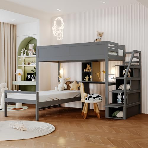 Kinderbett Etagenbett 90x200, Hochbett Hausbett mit Sicherheitstreppen Stauraum&Schreibtisch-Staufach, Holzbett Bettgestell Multifunktionsbett Stockbett Jugendbett mit Rausfallschutz&Lattenrost, Grau