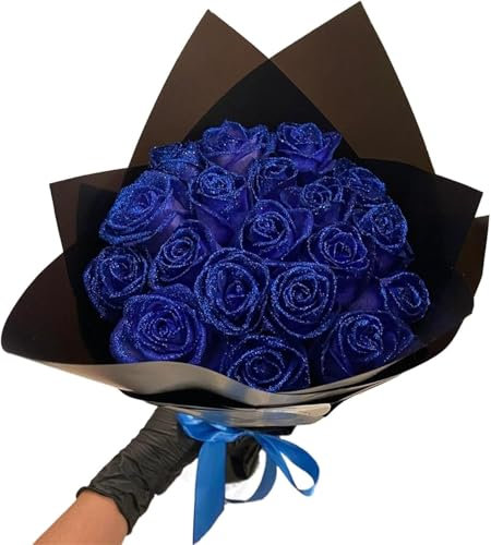 Glitzer Rosenstrauß Selbstmontage - Rote Künstliche Rose Blumen Glänzende Gefälschte Rosen Liebe Geschenke für Valentinstag Jahrestag Verlobung (12, Blau)