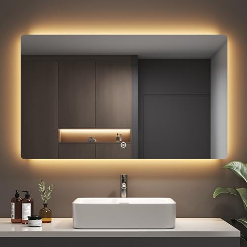 EMKE Badspiegel mit Beleuchtung 60x100 cm, 3 dimmbare Lichtfarben | Badezimmerspiegel mit Touchschalter, Speicherfunktion, automatische Abschaltung nach 3 Stunden, Horizontaler Wandspiegel