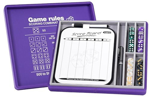AUSIIBTO Classic Dice Game Sets - Dry Erase Score Board, Pearl Dice, Score Sheet Pads, Pen, Easy to Follow Printed Rules for Adults, Farkle Board Games for Travel, Party, and Family Night - Purple