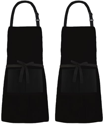 XIEJINJIA 2 Pack Canvas Water Resistant Adjustable Bib Apron with 2 Pockets Long Ties Cooking Kitchen Restaurant Chef Aprons for Women Men (Black)