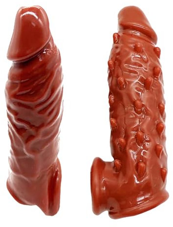 AMAZBEE 2PCS Manicotto del pene in silicone per l'ingrandimento del pene maschile con protuberanza strutturata Preservativo per il cazzo riutilizzabile con anello per il cazzo (Brown)