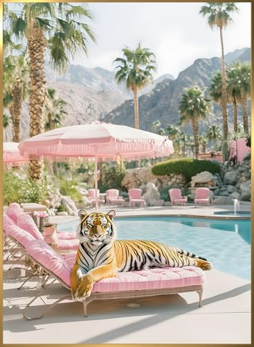 STYLER Bild Sunbath 50x70 cm (AUFHÄNGFERTIG) mit hochwertigem goldenen Rahmen – Tiger am Pool mit Palmen – Exklusives Wandbild Modern Dekorativ Hochwertig