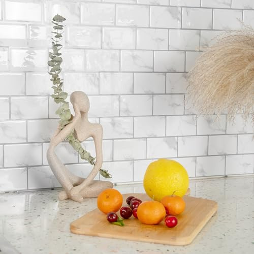 indabyo 10 Sheets Marble Effect Tile Stickers Stick on Tiles Backsplash | Kitchen Bathroom Wall Self Adhesive Vinyl Waterproof Peel and Stick Tile Covers Decals (White)