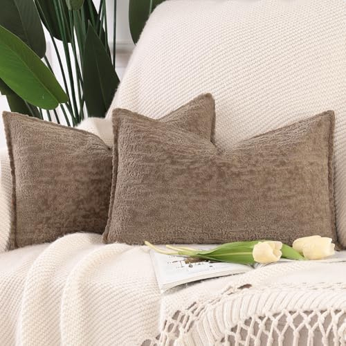 Madizz 2er Set Chenille Samt Kissenbezüge mit Rand Dekorativ Weiche neutrale Wurfkissen für Sofa Boho Akzent Zierkissenbezüge für Schlafzimmer Wohnzimmer Taupe 30x50 cm