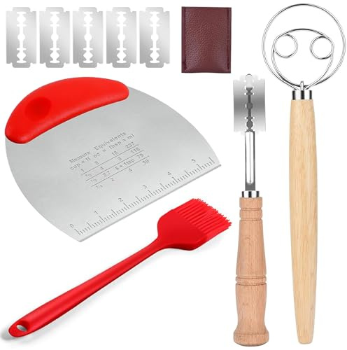Qaestuan Ensemble D'outils de Cuisson Du Pain Au Levain, Comprend Fouet à Farine, Grattoir à Pâte, Couteau à Pain avec Lame et Couvercle, Brosse à Pain, pour la Pâtisserie Domestique