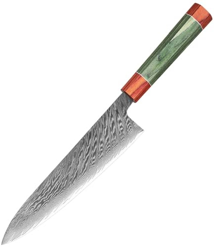 Cuchillo de chef de acero de Damasco ultra afilado de 8 pulgadas con núcleo de acero japonés VG10 de 67 capas for filetear, rebanar y cortar verduras.