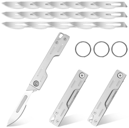 3 Pcs Skalpell Klappmesser mit 20 auswechselbare Klingen 13,6 x 1,5 cm Skalpellklingen Ultra Hohe Härte Scharf Mini Messer Utility EDC Taschenmesser Einhandmesser Schlüsselanhänger Messerschärfer