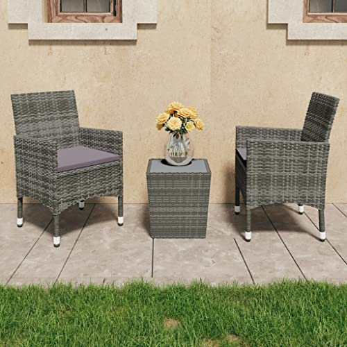 Qnhdfrt 3-TLG. Bistro-Set Grau aus Poly Rattan und Hartglas mit Polstern für Balkon Garten Terrasse