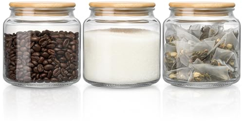 Danmu Art Tea Coffee Sugar Canisters Sets Glass Jars with Lids Set of 3 Glass Airtight Storage Jars with Bamboo Lids (500 ml)