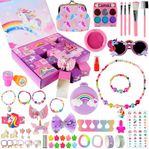 Calendario Avvento 2025 Bambina, Calendario Avvento Unicorno Bambina,24 Unicorno Braccialetto Collana Anello Gioielli, portamonete, bracciali,copricapi,Set manicure e trucco