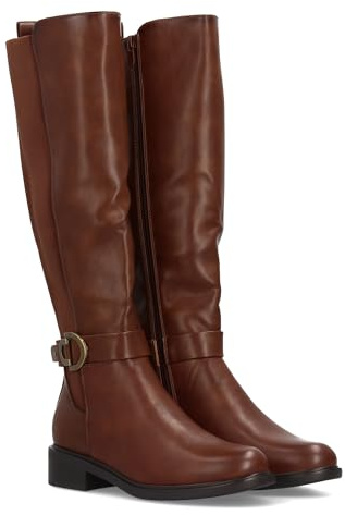 97305 Bota Alta con Cana Lisa para Mujer. Cierre de Cremallera, Suela Plana con Tacon bajo. Hebilla Decorativa. Ideal Otono Invierno. Camel Talla 39