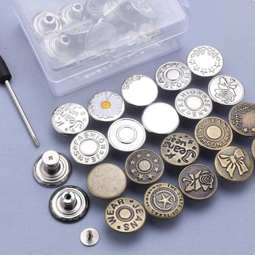 20 Pcs (10 Pairs) 17mm Jean Buttons - No-Sew Adjustable Metal Replacement Buttons with Screwdriver & Storage Box, Multipurpose Fasteners for Jeans, Jackets, Backpacks & Hats