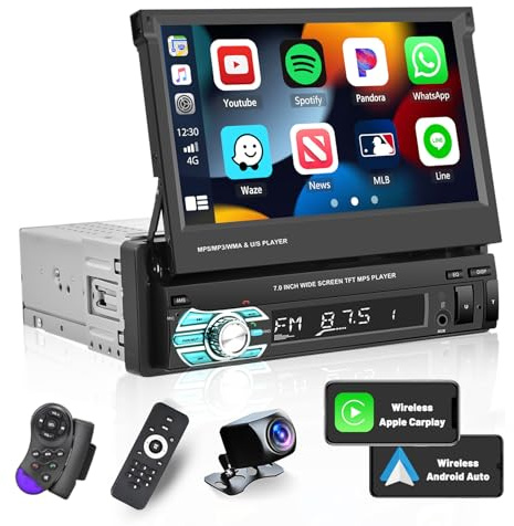 Hikity Autoradio 1 Din con Carplay Android Auto Mirror Link Stereo Auto Bluetooth 1 DIN con 7 Pollici Schermo Retrocamera, Manuale Flip Out Touch Screen Radio Auto con FM USB TF AUX SWC