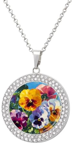 Colorful Pansies Butterflies Women's Necklace Round Pendant Circle Charm Necklaces Fashion Jewelry