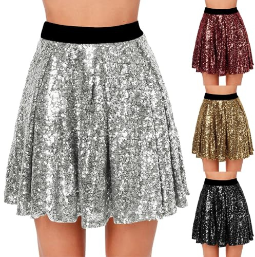 Glitzer Pailletten Rock Damen, Metallischer Faltenrock & Minirock In Gold/Silber | FüR Karneval, Festival, Disco, Fasching & Partys, Glitzer Rock Elastischer Bund Hohe Taille