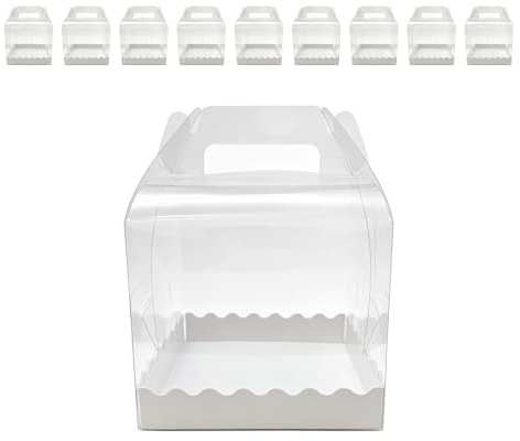 Yumzxin 10-Pack 4 Inch Square Clear Cake Boxes with Base & Handle – PET Plastic Bakery Containers for Wedding, Birthday Party Favors & Dessert Gift Packaging