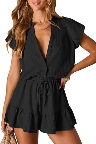 Canli4Y kort jumpsuit dam kortärmad overall vår sommar vida ben playsuit elegant festlig byxdräkt för strand, semester, vardag, svart, M