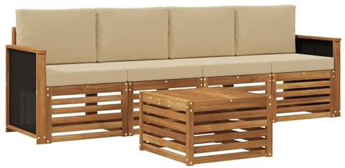 vidaXL Outdoor-Sofagarnitur 5 pcs Natur und Beige Massivholz Akazie, Garten Lounge-Sofa, strapazierfähige Außensitzgruppe, modernes Terrassenmöbel, bequemer Wohnbereich