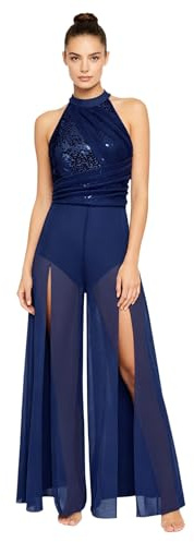 CHICTRY Abito da Pattinaggio Artistico Donna Paillettes Body Danza Classica con Gonna Lunga Body da Balletto Senza Manica Vestito da Ballo Latino Dancewear Blu A S