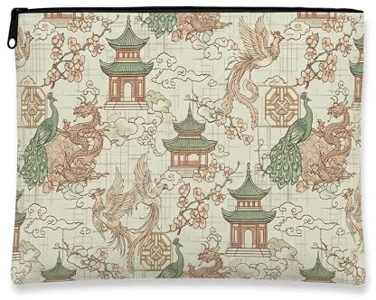 Beauty case vintage orientale, elegante padiglione e misterioso uccello cosmetico borsa da viaggio per donne, organizer portatile in tela con cerniera, Beige, 7x9 Inch, Padiglione
