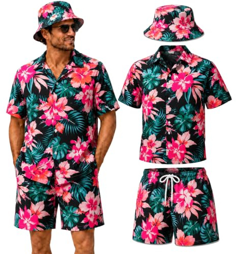ZHIVEMEi Chemise hawaïenne pour homme avec short et chapeau, tenue hawaïenne pour homme, chemise hawaïenne, festival, fête Mallorca, costume d'été