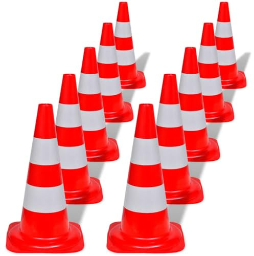 Kaloriko Lot de 10 cônes de circulation réfléchissants rouge blanc 50 cm en polyéthylène avec 2 bandes pour chantier, parking, barrière et sécurité routière sur terrain privé, terrain d'exploitation